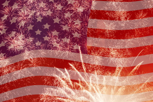 fireworks over United States flag